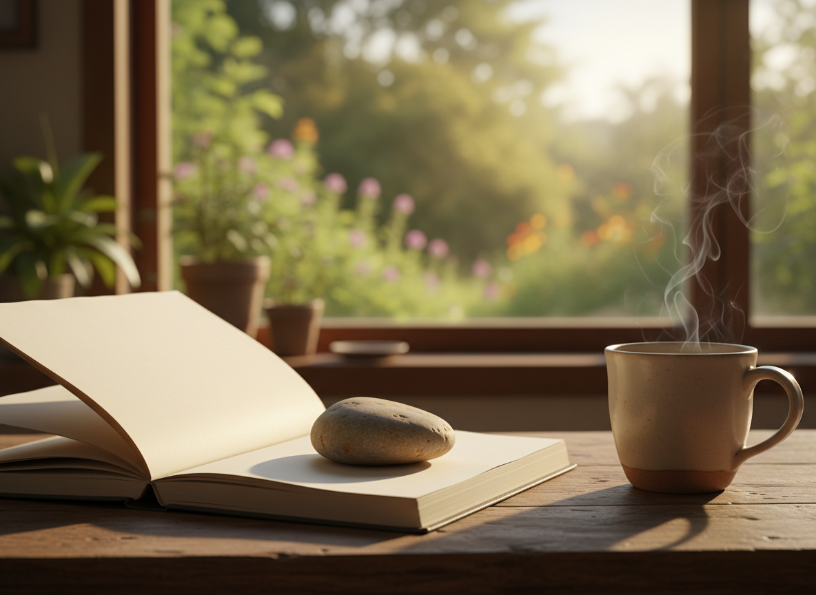 A smooth river stone, warm grey with subtle speckles, rests atop an open, unlined journal made of thick, off-white paper on a low wooden table. A simple ceramic mug of herbal tea sits nearby, steam gently rising. Behind, a large window looks onto soft-focus greenery and a quiet garden. Late afternoon light pours in, diffused and golden, casting gentle, elongated shadows and catching the texture of the paper and the stone’s slightly matte surface. Photographic realism at eye level, composed with the rule of thirds and a shallow depth of field, creates a calm, grounded atmosphere that suggests reflection, emotional regulation, and spaciousness for personal transformation without showing any people.