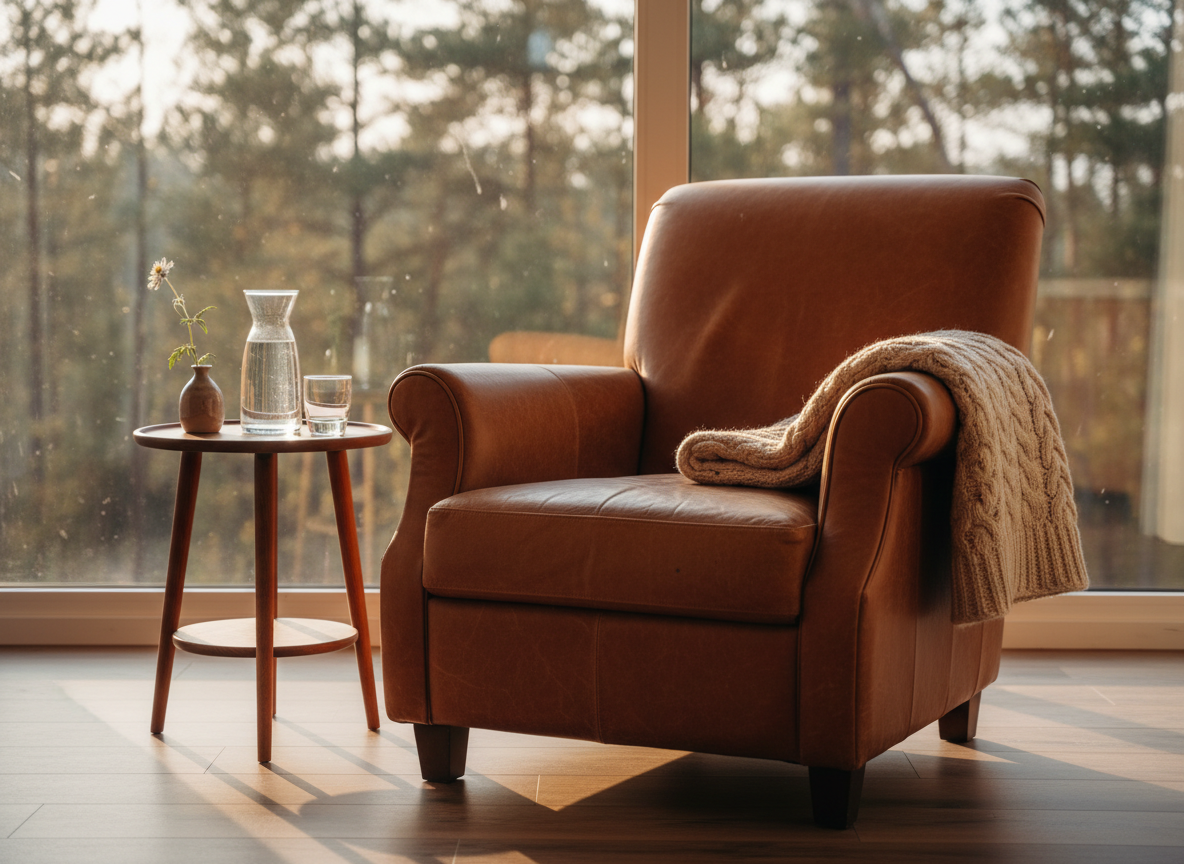 A well-worn leather armchair with a soft throw beside a window overlooking a tranquil forest edge in golden hour light.