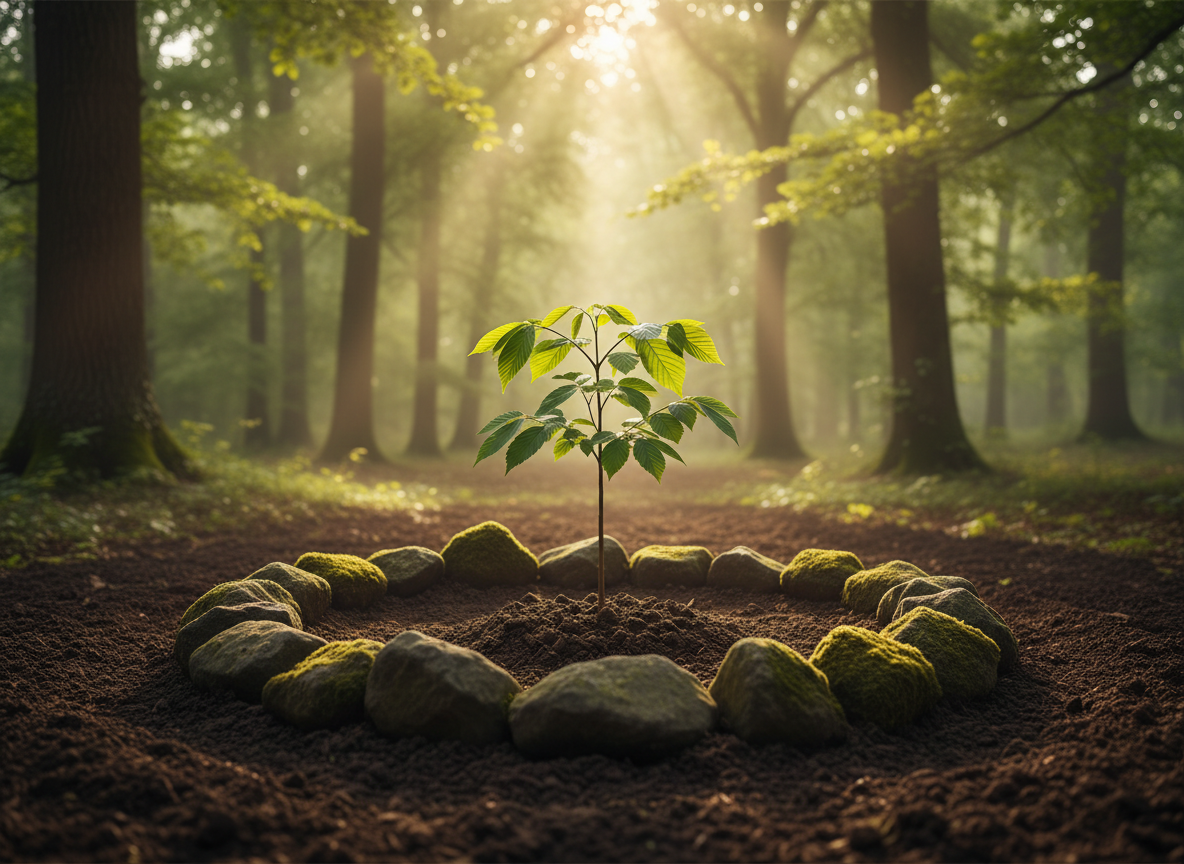 A young tree sapling with bright green leaves standing in a forest clearing, lit by soft morning light filtering through the canopy.