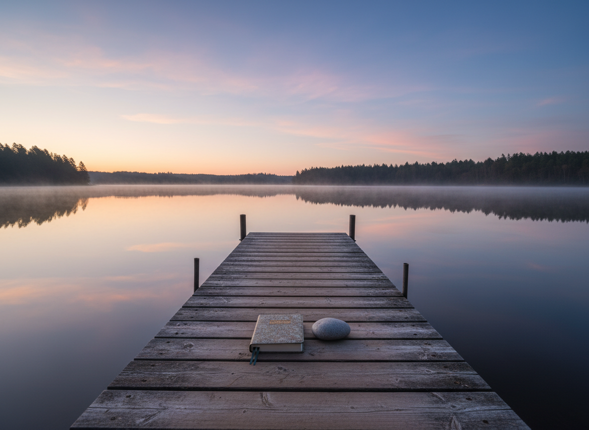 A tranquil lakeshore at dawn with glassy water reflecting pastel clouds, a weathered wooden dock, and soft mist rising from the surface.