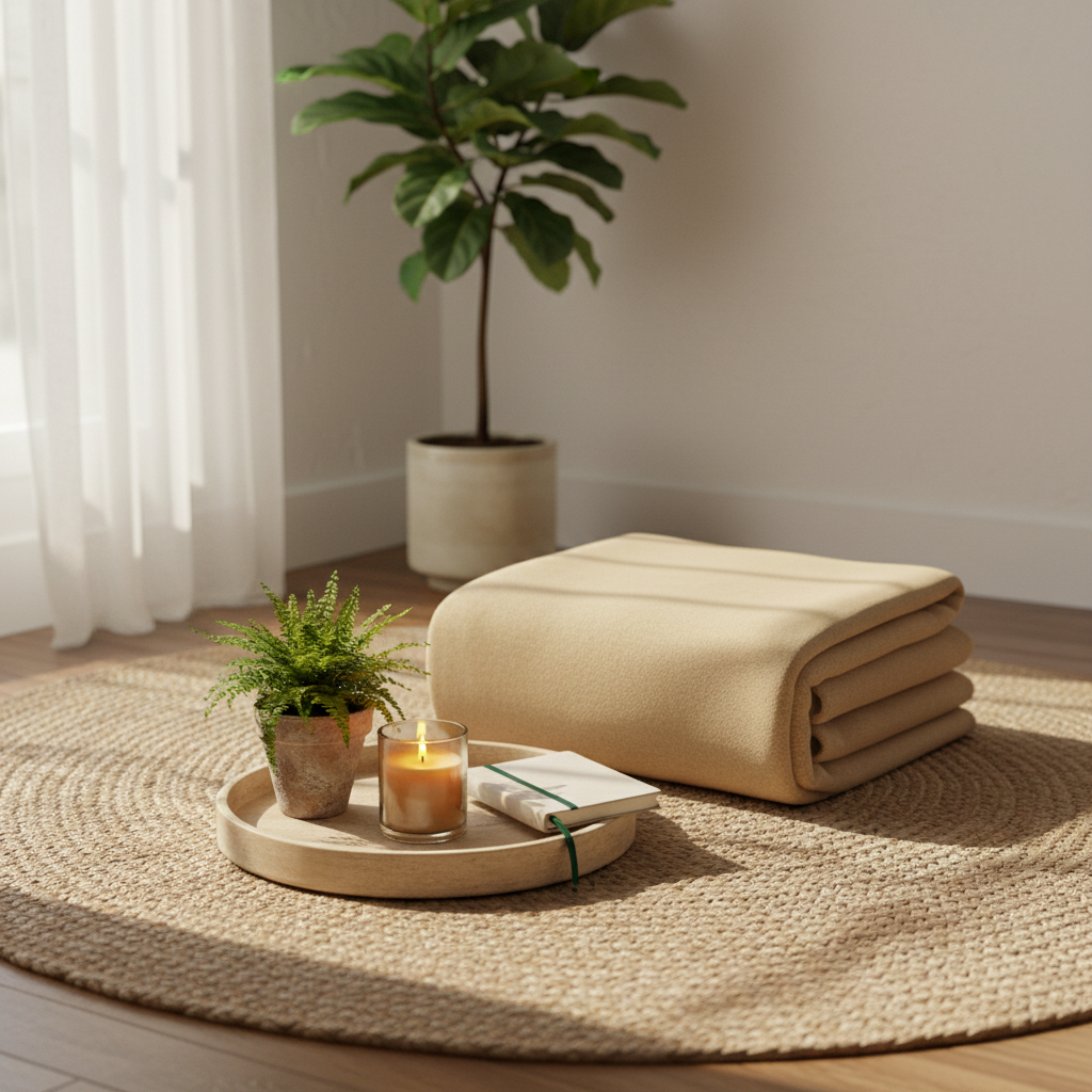 A neatly folded, sand-colored blanket lies on a woven jute rug in front of a low, round wooden tray holding a lit beeswax candle in a clear glass holder, a small potted fern, and a closed linen-bound notebook with a ribbon marker. The room is minimalist and uncluttered, with pale neutral walls and a single, large indoor plant blurred in the background. Soft morning light filters through sheer curtains, creating a gentle glow and faint, feathered shadows across the floor. Photographic realism with a slightly elevated angle and shallow depth of field emphasizes stillness, safety, and emotional warmth, evoking an intimate space where someone might pause, breathe, and reconnect with themselves, free from the pressure of pleasing others.