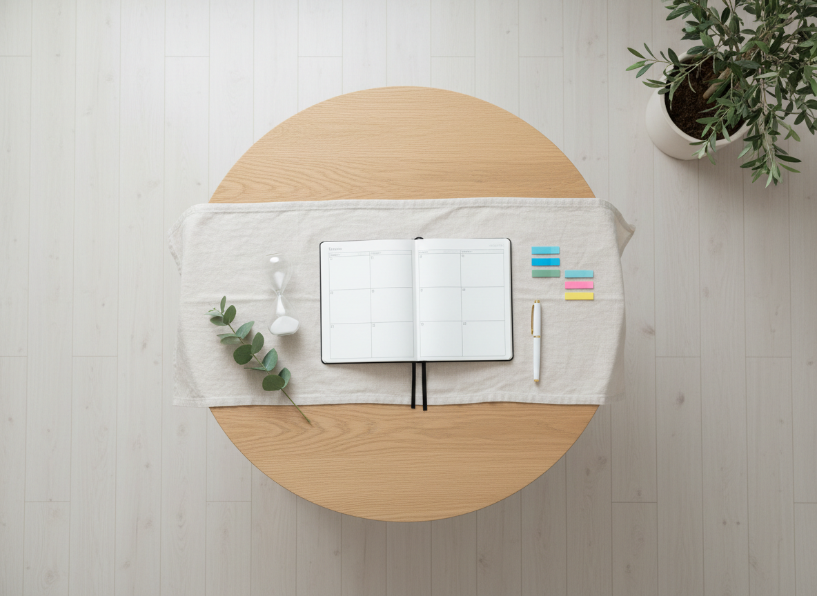 An overhead view of a circular wooden table with a soft linen runner, on which lies an open planner with neatly spaced blank sections, a sand timer half run through, and a small cluster of eucalyptus leaves. Beside the planner, colored tabs and a single elegant pen suggest upcoming intentional planning. The environment is a bright, airy room with a pale wood floor and a potted olive tree faintly visible at the edge of the frame. Diffused midday light floods in from an unseen window, creating even, gentle illumination and minimal shadows. Photographic realism with clean, modern composition emphasizes clarity, regulation, and designing a life that honors one’s own needs instead of constant overgiving.
